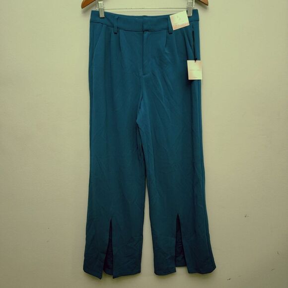 Happily Grey Wide Leg‎ Trouser Dress Pants Pleated Slit Front Leg Turquoise Sz 7 - Picture 1 of 10